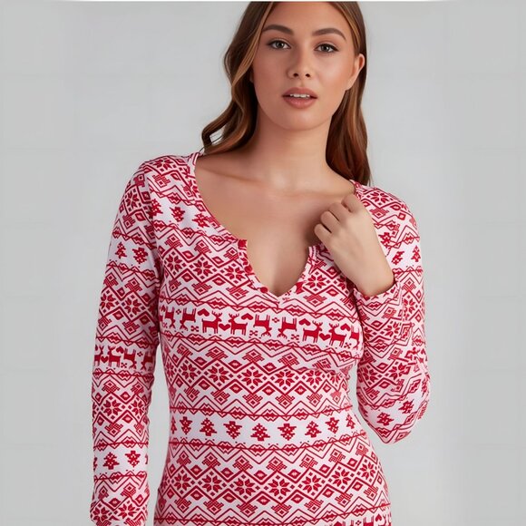 Fair Isle ✦ Red & White Pajama Romper Set ✦ Long Sleeve Henley & Knee‑High Socks - Picture 3 of 7